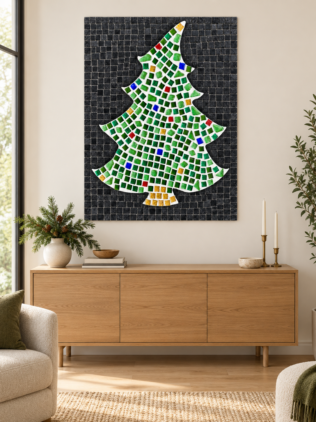 Christmas tree glass mosaic wall art displayed in a festive home interior
