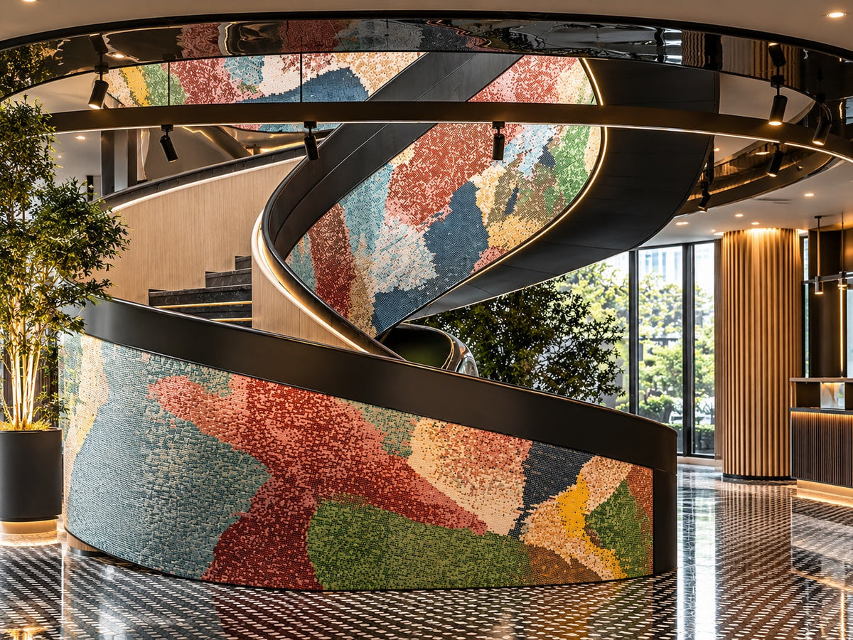 Architectural glass mosaic artwork integrated into a curved modern interior