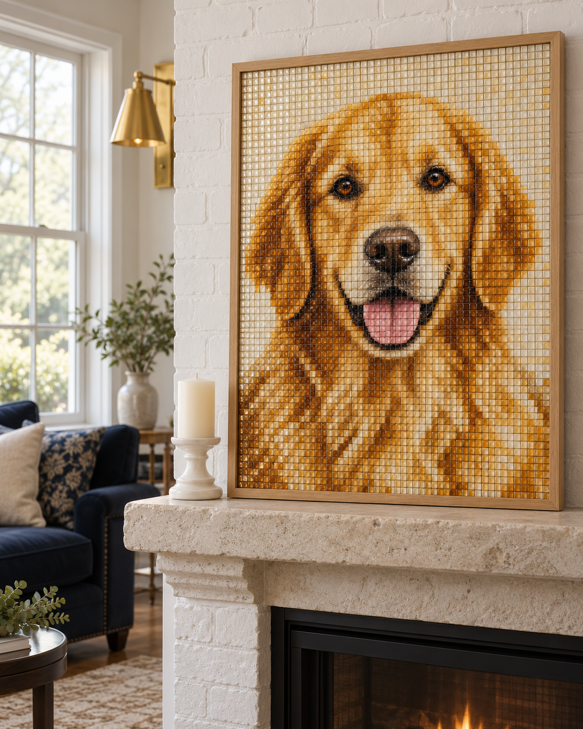 Golden retriever portrait recreated in glass mosaic art, displayed in a warm home interior