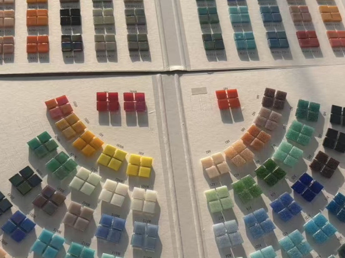 Physical glass mosaic materials and color samples from the MosaicDIY material library