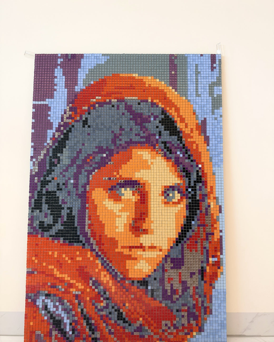 Finished custom glass mosaic portrait showing the detail of the physical mosaic artwork