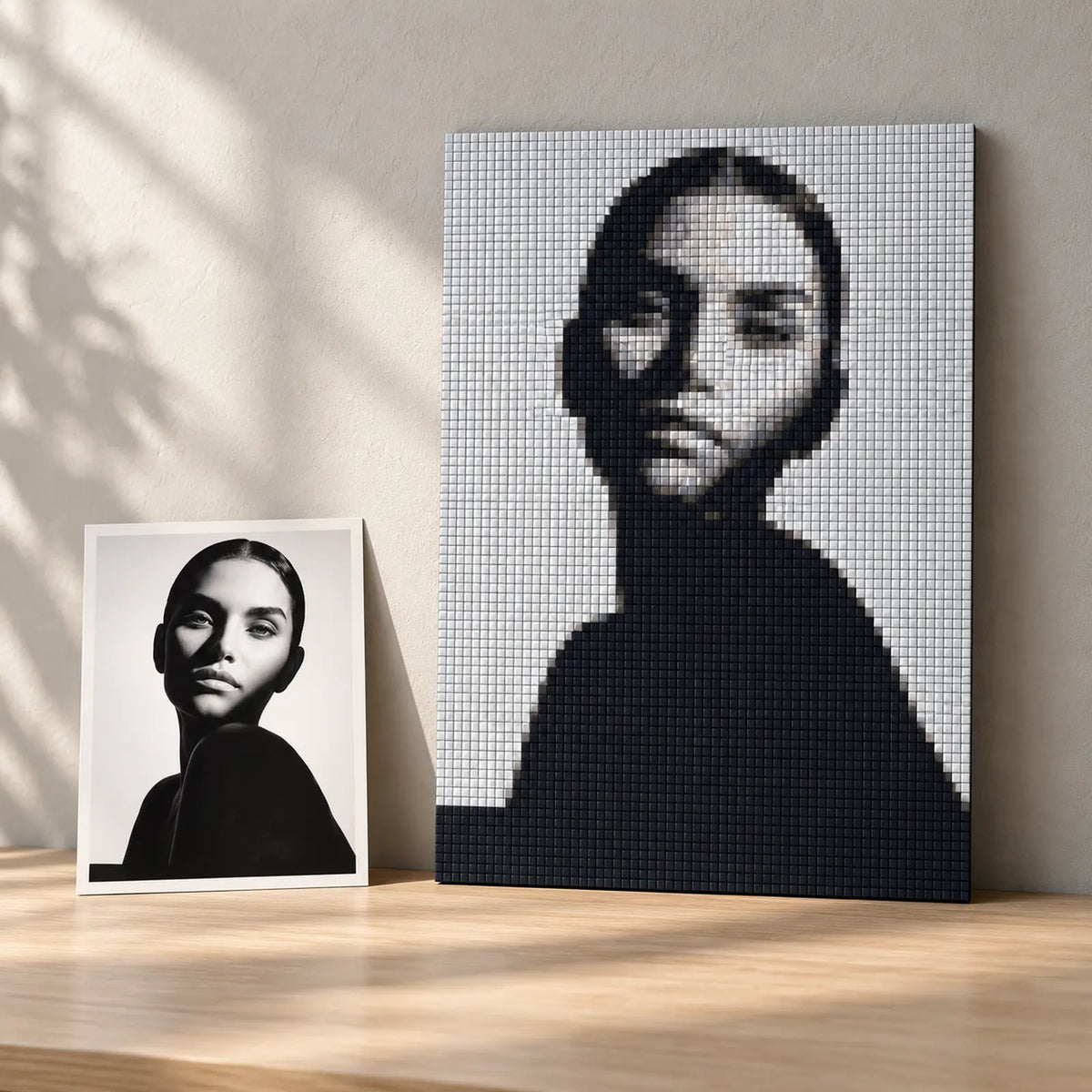 A portrait photograph beside its mosaic artwork