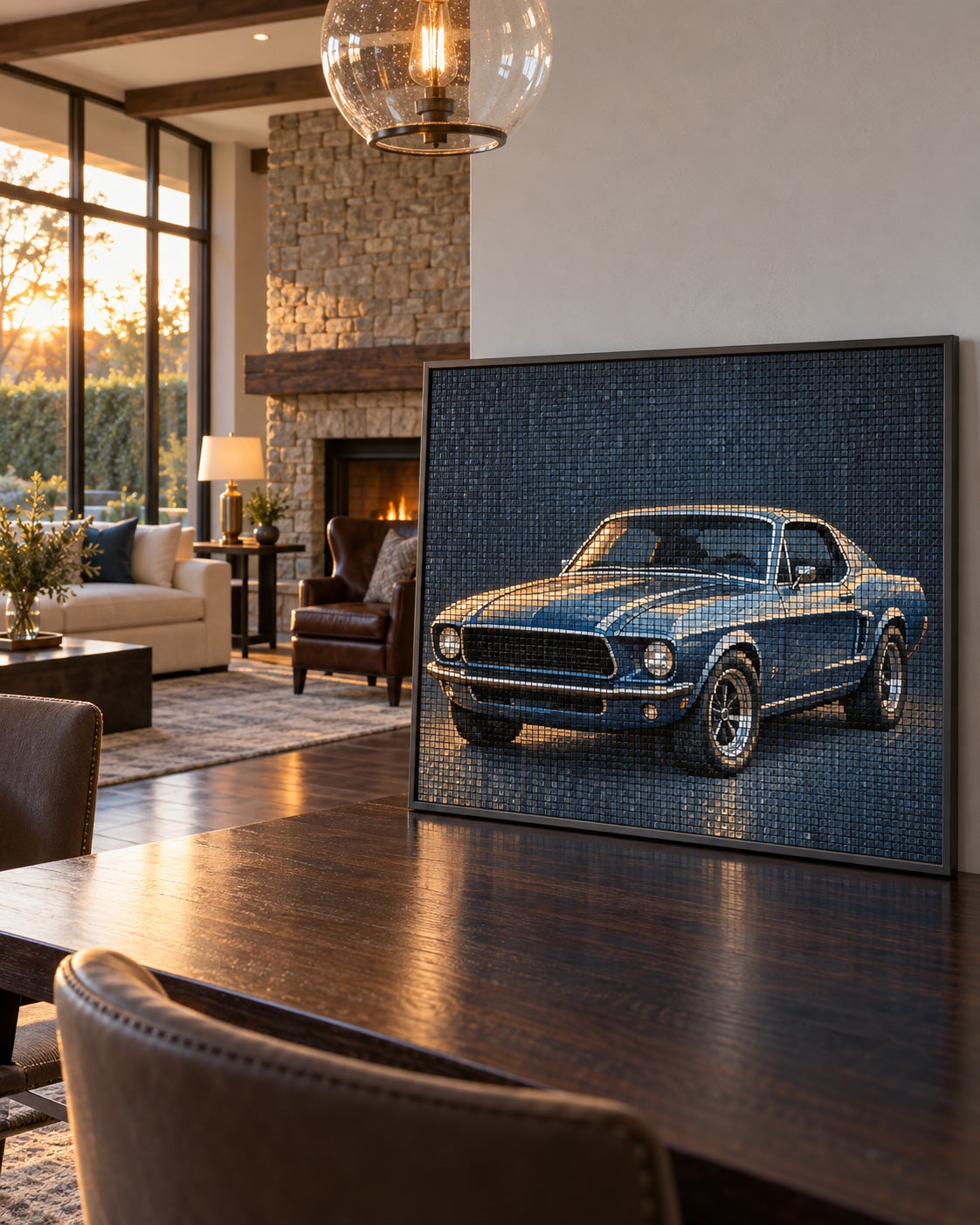 Classic American car interpreted as glass mosaic wall art
