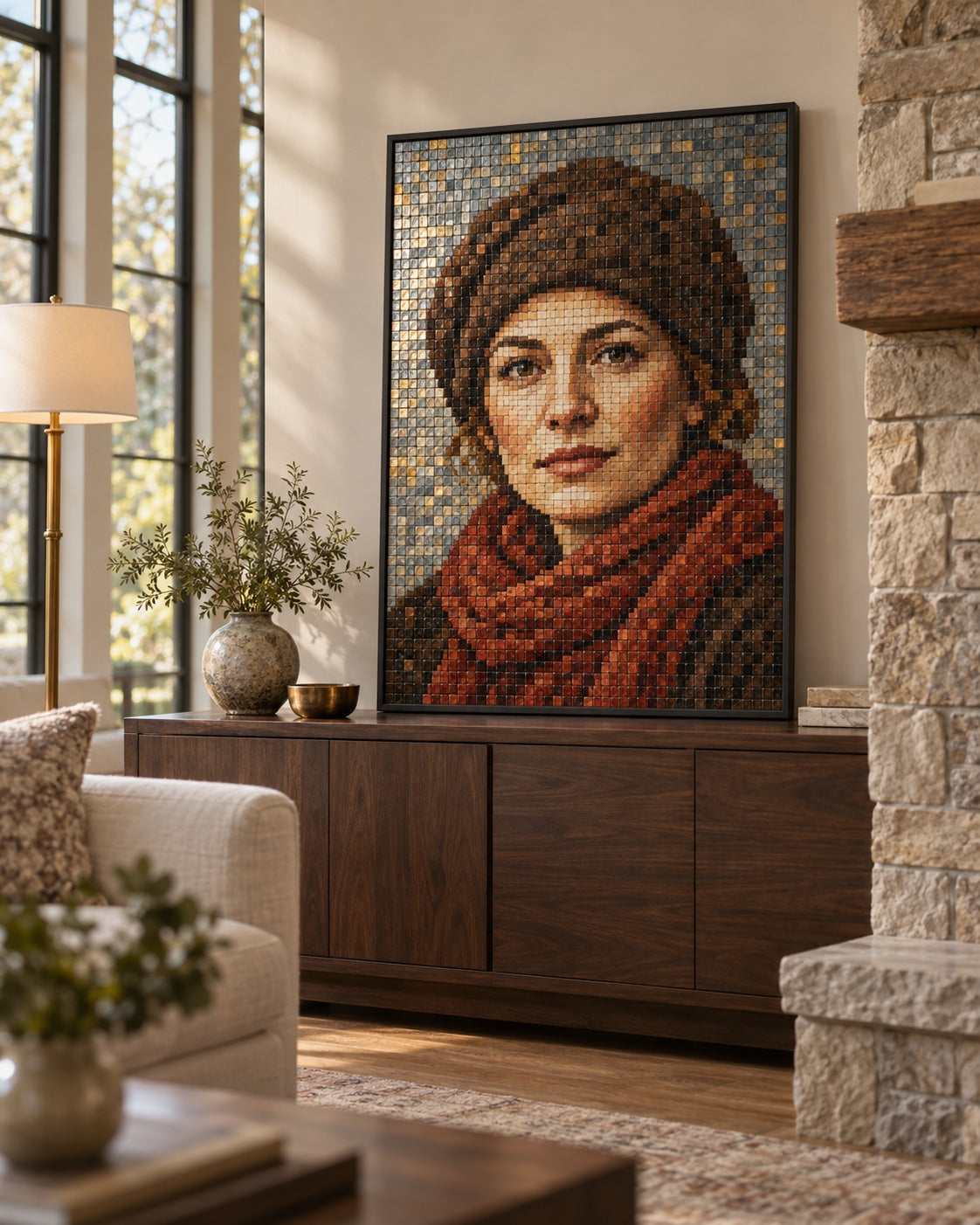 Woman wearing a brown hat and red scarf, depicted in a custom glass mosaic artwork
