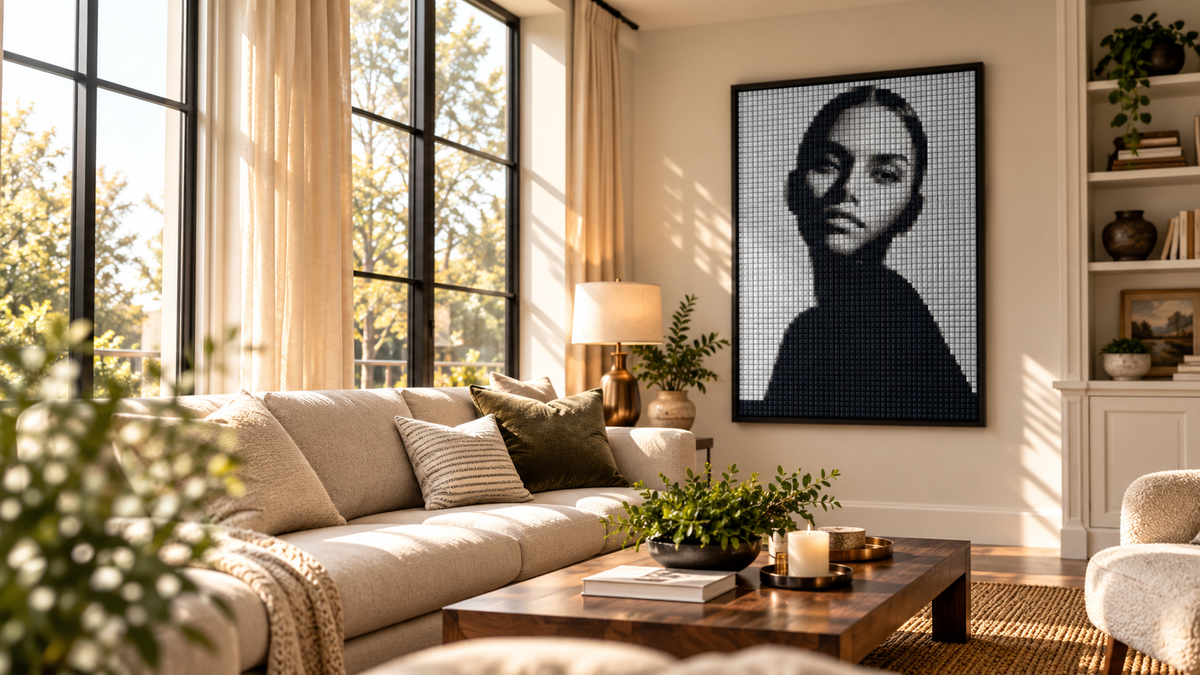 Black-and-white mosaic portrait displayed in a warm sunlit living room