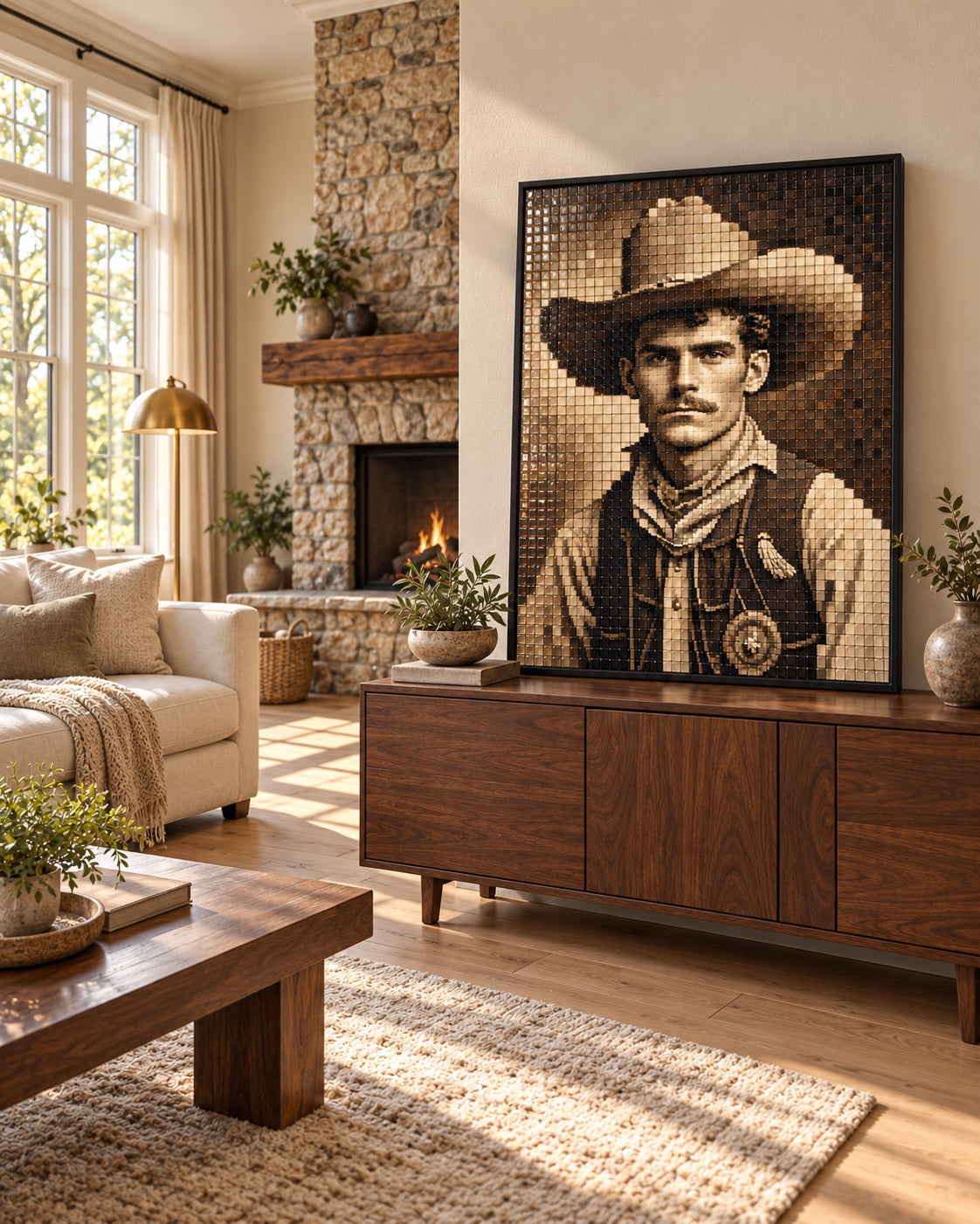Vintage black-and-white cowboy portrait recreated as mosaic artwork