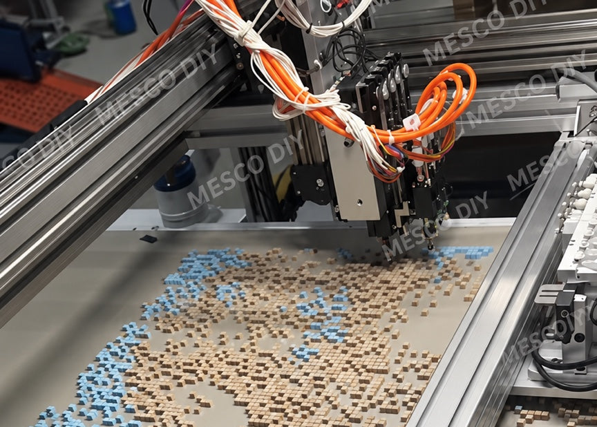 Precision mosaic assembly head placing blue and sand-colored square tiles on a production bed