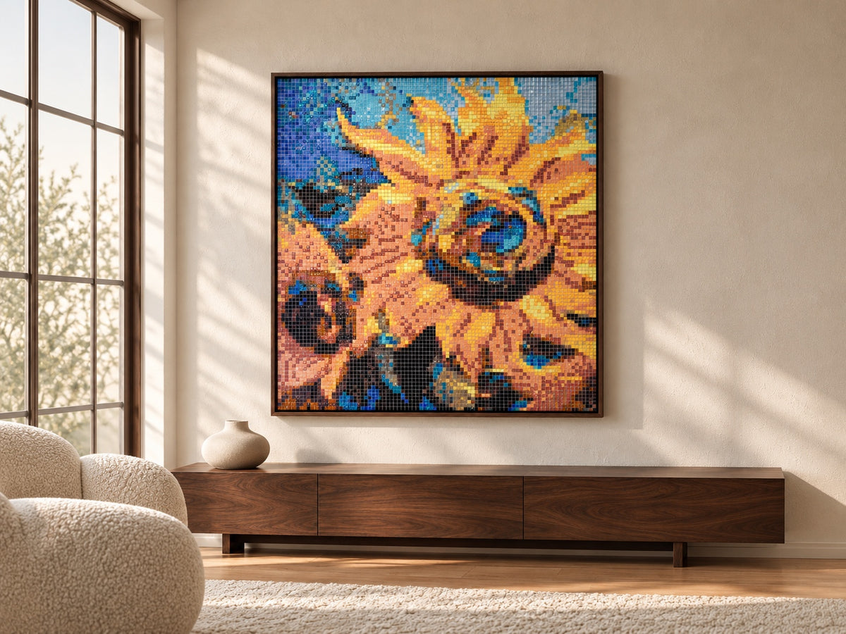 Sunflower glass mosaic artwork displayed above a walnut cabinet in a contemporary living room